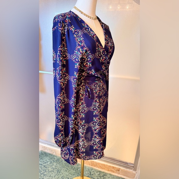 LUSH Navy Blue Paisley Long Sleeve Midi Wrap Dress - Picture 11 of 16